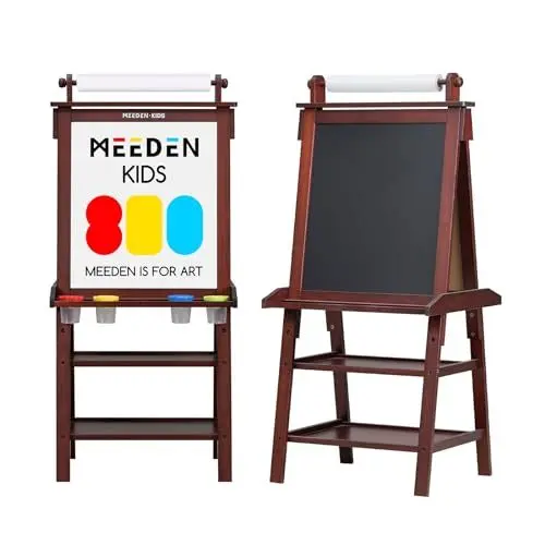 Produktbild: MEEDEN Staffelei für Kinder – Kinderstaffelei mit Papierrolle – Doppelseitige Kunststaffelei aus massivem Kiefernholz – Kinderstaffelei mit Kreidetafel und magnetischem Whiteboard – Walnuss
