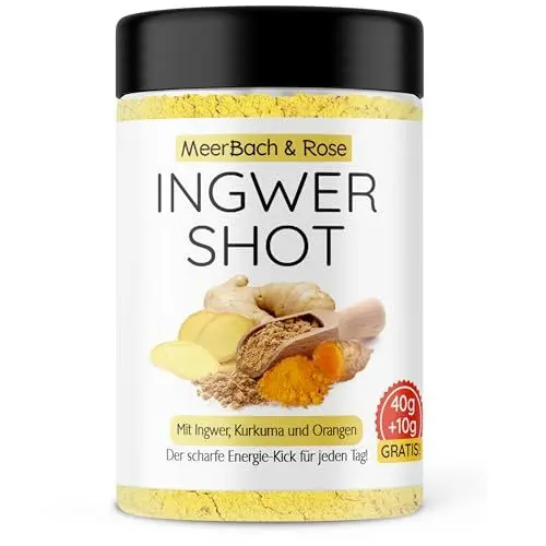 Produktbild: MeerBach & Rose Fruchtig scharfer Ingwer Shot mit Vitamin C und Zink, veganer Ingwer und Kurkuma Shot zum Anrühren von 60 Shots, von Hand in Deutschland abgefüllt, Pulver