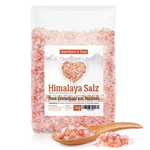 Produktbild: MeerBach & Rose Himalaya Salz, rosa Kristallsalz, 1kg grobe Körnung für die Salzmühle, Pink Salt, Badesalz, original aus Punjab Pakistan