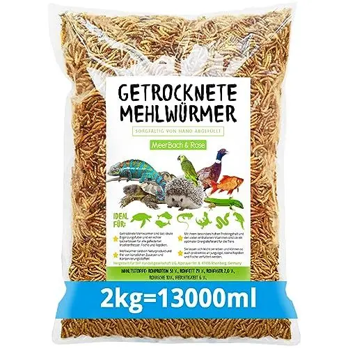 Produktbild: Meerbach & Rose Mehlwürmer getrocknet, 2kg (entspricht 13 Litern) getrocknete Mehlwürmer, proteinreicher Snack für Wildvögel, Fische, Reptilien und Nager