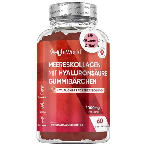 Produktbild: Meereskollagen Gummibärchen - 1000mg mit Hyaluronsäure, Vitamin C, Selen & Vitamin B7 (Biotin) - Kollagen Komplex für Haut, Haare, Nägel, Knochen & Gelenke - 60 Marine Collagen Gummies - WeightWorld