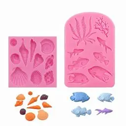 Produktbild: Meeresmotiven Fondant Silikon Formen Seifenform - 3D Ozean Tier Dekoration mit Muschel Koralle Fisch Geeignet für Kekse SüßIgkeiten Cupcake Schokolade Kuchen Seifen Epoxidharze, 2 Stück