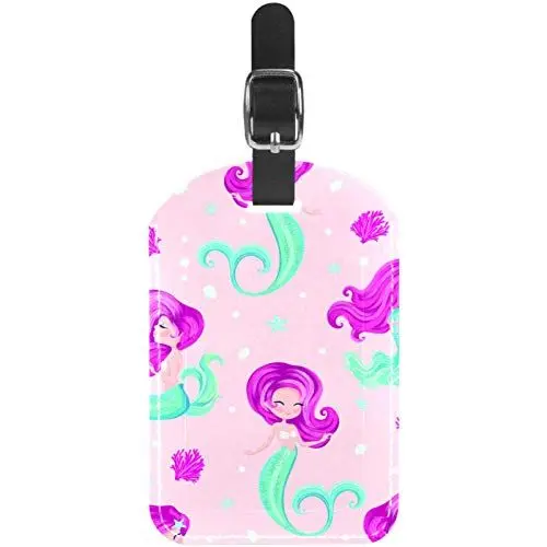 Produktbild: Meerjungfrau Mädchen Kofferanhänger Nettes personalisiertes Leder mit Schlaufe für kasmonale Reisekoffertasche für Damen, Herren und Kinder 11.4x7.1cm