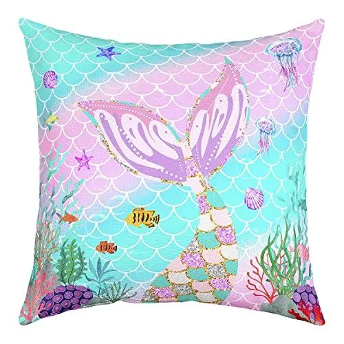 Produktbild: Meerjungfrauen schwanz Kissenbezug 40 x 40 cm Fischschuppen Kissenbezug für Kinder Mädchen Regenbogen Kissenbezug Ocean Tier Pailletten Dekor Quadratischer Kissenbezug Schlafzimmer Dekor Blaugrün
