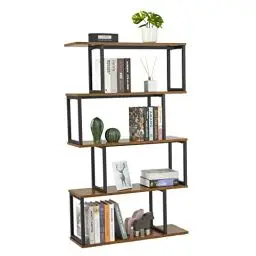 Produktbild: Mondeer Bücherregal, Standregal mit 4 Ebenen, Aufbewahrungsregal Holz S-Form, Industrie Design, 76 x 24 x 127.5 cm, Dekoregal für Pflanzen & Bücher, Wohnzimmer, Schlafzimmer, Büro, Braun