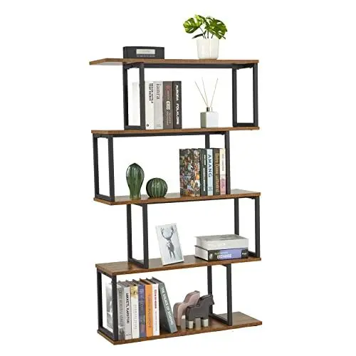 Produktbild: Mondeer Bücherregal, Standregal mit 4 Ebenen, Aufbewahrungsregal Holz S-Form, Industrie Design, 76 x 24 x 127.5 cm, Dekoregal für Pflanzen & Bücher, Wohnzimmer, Schlafzimmer, Büro, Braun
