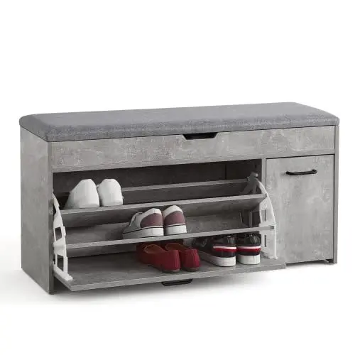 Produktbild: Meerveil Schuhbank mit Sitzfläche, Sitzbank mit Schuhkipper Holz Industriestil für Flur Eingang, B100 x H52 x T30 cm, Grau