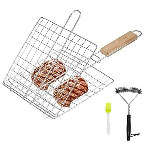 Produktbild: MEETANG BBQ Grillkorb, Faltbarer Fischbräter, Tragbares Grill Fischhalter aus Edelstahl, Grillgitter mit Reinigungsbürste und Saucenpinsel, Grillroste Grill Basket für Fisch Gemüse Steak Garnelenk