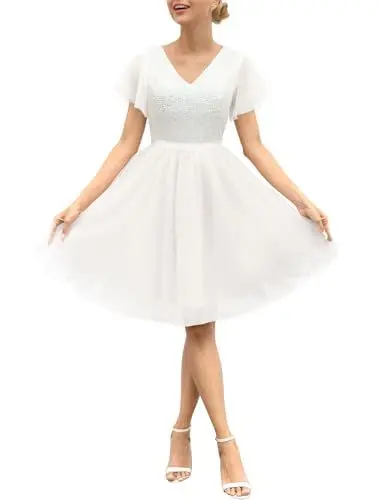 Produktbild: Meetjen Abendkleider Elegant für Hochzeit Glitzer Tüll Kleid Damen Knielang Kurzarm Abschlusskleid V-Ausschnitt Ballkleider Weiß XL