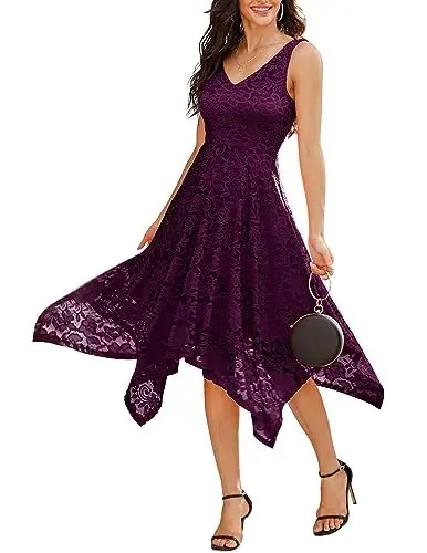 Produktbild: Meetjen Damen Ärmellos Cocktailkleid Knielang Brautjungfernkleid Jugendweihe Spitzen Kleid Festliches V-Ausschnitt Traube XL