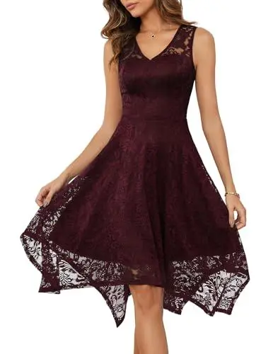 Produktbild: Meetjen Damen Elegante Hochzeit Gast Kleid Knielang Festliche Cocktailkleid Brautjungfern Midi Kleid A-Linie Abendkleid Burgundy M