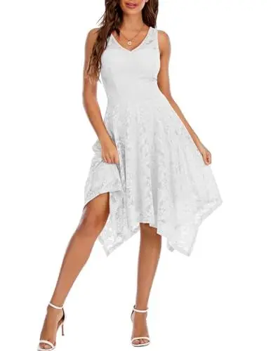 Produktbild: Meetjen Damen Elegante Hochzeit Gast Kleid Knielang Festliche Cocktailkleid Brautjungfern Midi Kleid A-Linie Abendkleid White S