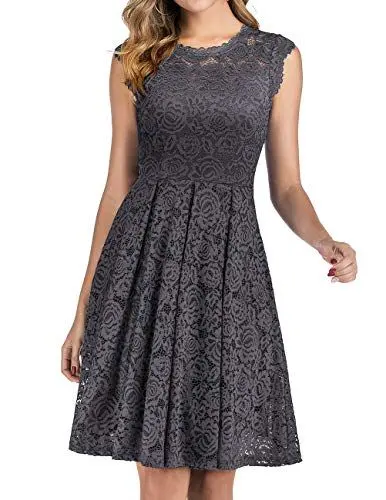 Produktbild: Meetjen Damen Festliche Cocktailkleid Elegante Abendkleid Hochzeitskleid Knielang Brautjungfern Midi Spitzenkleider Grey L