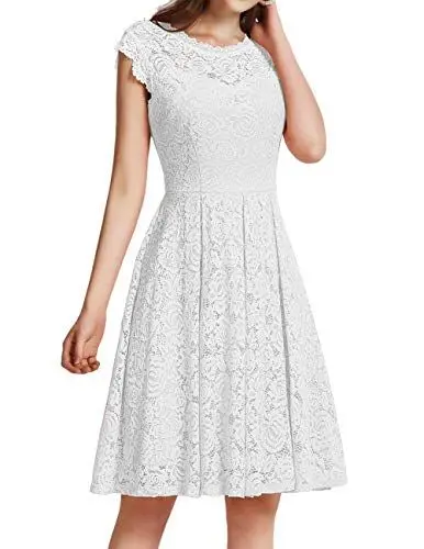 Produktbild: Meetjen Damen Festliche Cocktailkleid Elegante Abendkleid Hochzeitskleid Knielang Brautjungfern Midi Spitzenkleider Weiß White L