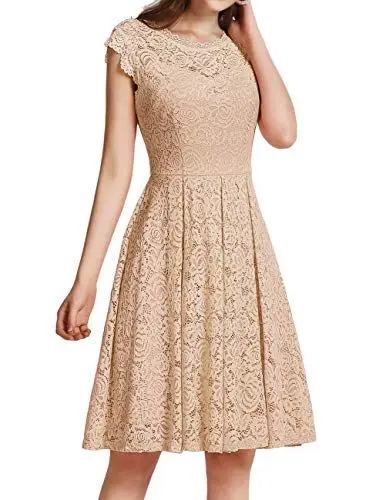 Produktbild: Meetjen Damen Sommer Kleid Festliche Cocktailkleid Knielang Elegante Abendkleid Hochzeitskleid Midi Brautjungfernkleider Champagne 3XL