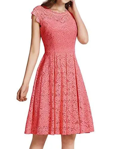 Produktbild: Meetjen Damen Sommer Kleid Festliche Cocktailkleid Knielang Elegante Abendkleid Hochzeitskleid Midi Brautjungfernkleider Coral L
