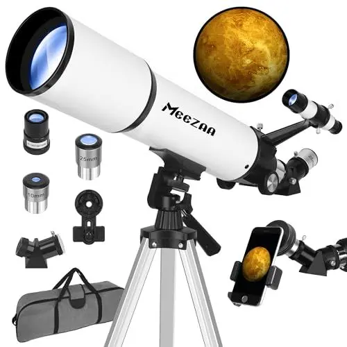 Produktbild: MEEZAA Teleskop, Teleskop Astronomie Erwachsene Profi, 80 mm Öffnung 600 mm Refraktor-Teleskop für Kinder und Einsteiger mit Stativ, Handyhalterung und Tragetasche zur Beobachtung Planeten und Mond