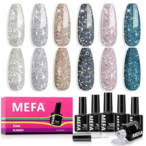Produktbild: MEFA UV Nagellack Glitzer, 6 Farben Rosa Schwarz Blau Silber Farben 7 ML Soak Off UV LED Gel Nagellack Schellack Set für Gelnägel Nail Art Kit Maniküre Nageldesign Nägel Selber Machen