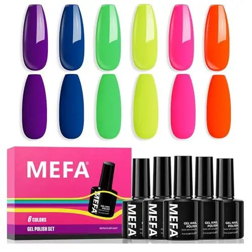 Produktbild: MEFA UV Nagellack, 6 Farben Neon Farben 7 ML Soak Off UV LED Gel Nagellack Schellack Set für Gelnägel Nail Art Kit Maniküre Nageldesign Nägel Selber Machen