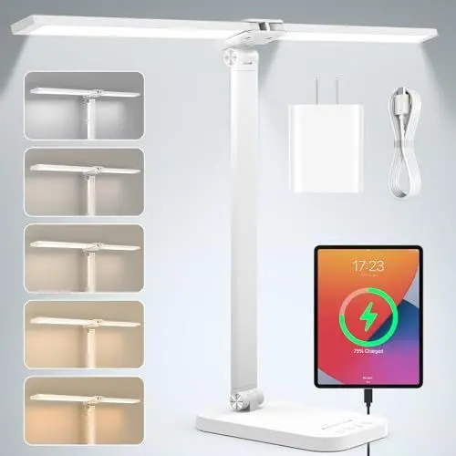 Produktbild: Mefine LED-Schreibtischlampe, Doppelkopf, Weiß, 12 W, mit Adapter, Schreibtischlampe mit 5 Farbmodi und dimmbarer Helligkeit, Schutz der Augen, USB-Schreibtisch, zum Lernen