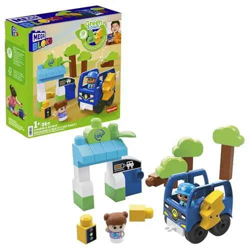 Produktbild: MEGA HDX90 - Bloks Grüne Stadt - Laden & Los Bus-Baukasten, 36 große Bausteine und Spezialteile mit 2 baubaren Figuren, 1 rollender Bus und 3 Bäumen, Spielzeug-Geschenkset für Kinder ab 1 Jahr