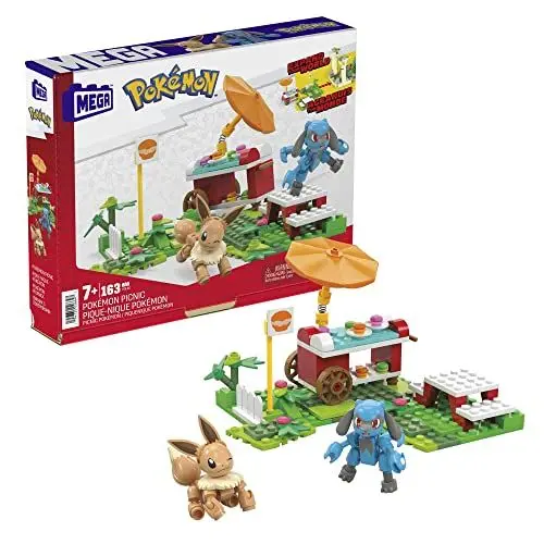 Produktbild: Mega Pokémon Figuren Bauset Picknick Abenteuer, 193 Teile, mit Evoli und Lucario-Figuren und Imbiss-Wagen, Pokémon Spielzeug, Spielzeug ab 7 Jahren, HDL80