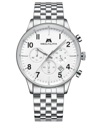 Produktbild: MEGALITH Armbanduhr Chronographen Uhren Herren: Silber Edelstahl Quarzuhr Analog - Wasserdicht Männer Uhren