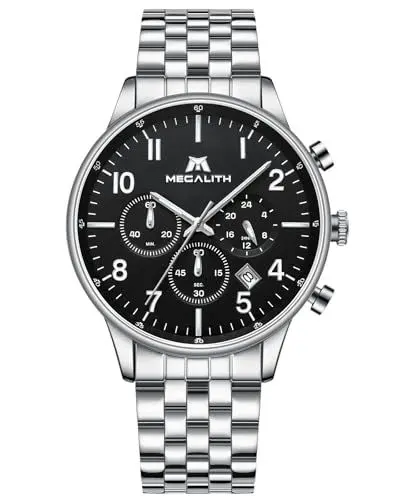 Produktbild: MEGALITH Armbanduhr Chronographen Uhren Herren: Silber Schwarz Edelstahl Quarzuhr Analog - Wasserdicht Männer Uhren