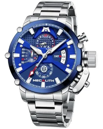 Produktbild: MEGALITH Armbanduhr Herren Chronograph Groß: Silber Edelstahl Herrenuhr mit Datum - Uhren Herren Wasserdicht Quarz