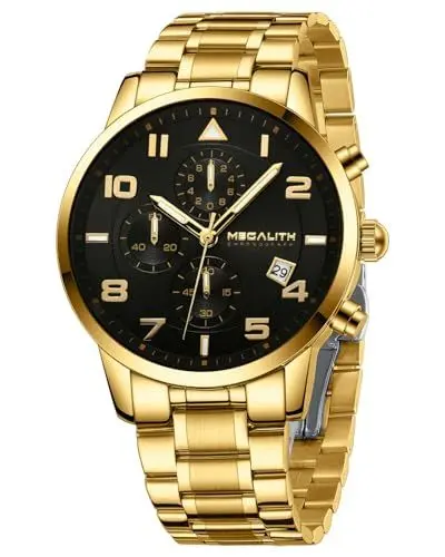 Produktbild: MEGALITH Armbanduhr Herren Sport Chronograph: Gold Edelstahl Analog Quarz - Militär Wasserdicht Datum Uhren für Männer