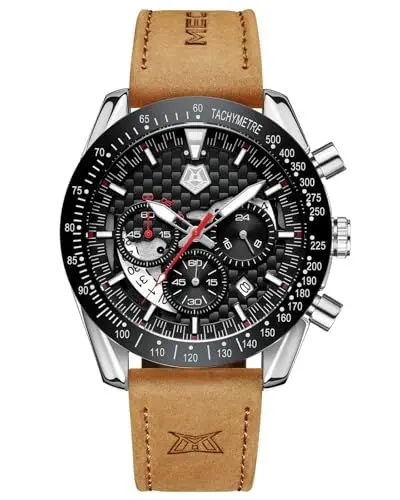 Produktbild: MEGALITH Chronograph Armbanduhr für Herren - Analog, Wasserdicht, Kalender, Lederarmband, Business Casual Silber Schwarz