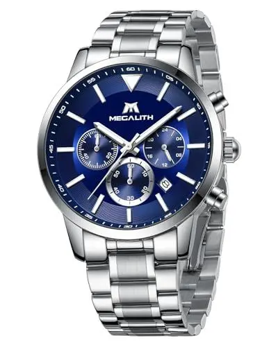 Produktbild: MEGALITH Edelstahl Uhren Herren Chronograph: Analog Armbanduhr Herren Kalender - Kleid Herren Uhr Blau Ziffernblatt Business