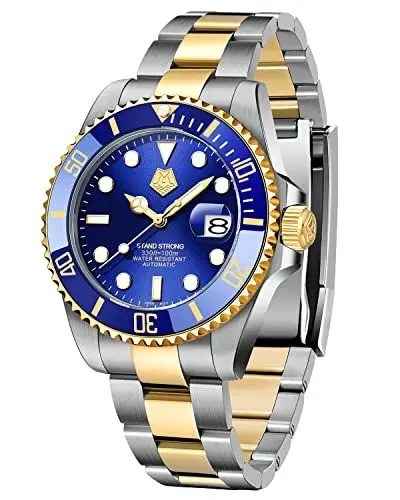 Produktbild: MEGALITH Herren Uhr Automatik Taucheruhren Edelstahlband Keramiklünette Herrenuhr Gold Saphir Gebogener Spiegel wasserdichte Automatikuhr Kalender