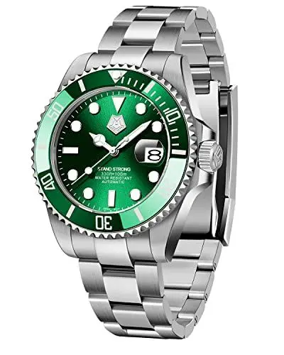 Produktbild: MEGALITH Herren Uhr Automatik Taucheruhren Edelstahlband Keramiklünette Herrenuhr Saphir Gebogener Spiegel wasserdichte Automatikuhr Kalender Grün