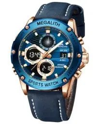 Produktbild: MEGALITH Herren Uhr Digital Armbanduhr: Wasserdicht Wecker Sport Herrenuhr Leder Blau - Outdoor Männer Digitaluhr Groß