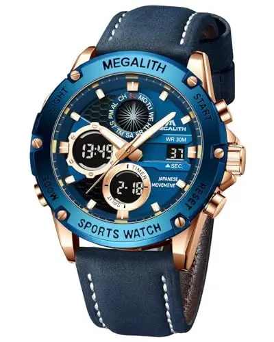 Produktbild: MEGALITH Herren Uhr Digital Armbanduhr: Wasserdicht Wecker Sport Herrenuhr Leder Blau - Outdoor Männer Digitaluhr Groß