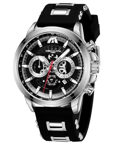 Produktbild: MEGALITH Herren Uhren Chronograph Armbanduhr: Analog Wasserdicht Gummi - Schwarz Groß Geschenk fur Männer Silber-Gehäuse