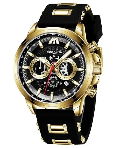 Produktbild: MEGALITH Herren Uhren Chronograph Armbanduhr: Analog Wasserdicht Schwarz Gummi - Groß Quarzur Geschenk fur Männer Gold-Gehäuse