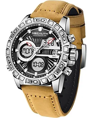 Produktbild: MEGALITH Herren Uhren Digital Militär Outdoor Wasserdicht Armbanduhr Lederarmband Quarz Uhr Mode Sport Analog Quarzuhr Uhren für Männer Braun
