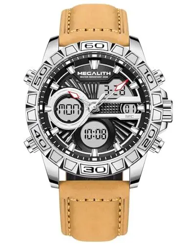 Produktbild: MEGALITH Herren Uhren Militär Sport Outdoor Wasserdicht Armbanduhr Herren Uhr Digital Lederarmband Quarz Uhr Mode Analog Quarzuhr Uhren für Männer Braun