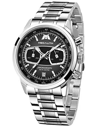 Produktbild: MEGALITH Herren Uhren Silber Edelstahl Chronographen Armbanduhr Herren Wasserdicht Analog Business Designer Uhren fur Männer Schwarz Klassisch Leuchtend Datum Geschenke für Männer
