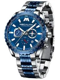 Produktbild: MEGALITH Uhren Herren Edelstahl Chronograph: Blau Silber Armbanduhr Herren Große mit Datum - Wasserdicht Quarz Uhr fur Männer Designer