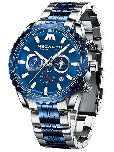 Produktbild: MEGALITH Uhren Herren Edelstahl Chronograph: Blau Silber Armbanduhr Herren Große mit Datum - Wasserdicht Quarz Uhr fur Männer Designer