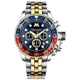 Produktbild: MEGALITH Herrenuhr Gold Edelstahl Chronographen Armbanduhr Herren Wasserdicht Groß Analog Uhr Herren Business Design Uhren fur Männer Blau Zifferblatt Kalender Leuchtend