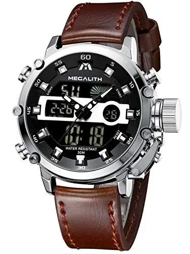 Produktbild: MEGALITH Herrenuhr Militär Digitaluhr Sportlich - Armbanduhr Herren 45mm Groß Zifferblatt Wasserdicht LED Uhren fur Männer Braunes Leder Stoppuhr Wecker Kalender