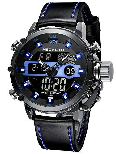 Produktbild: MEGALITH Herrenuhr Militär Digitaluhr Sportlich - Armbanduhr Herren 45mm Groß Zifferblatt Wasserdicht LED Uhren fur Männer Schwarz Leder Stoppuhr Wecker Kalender