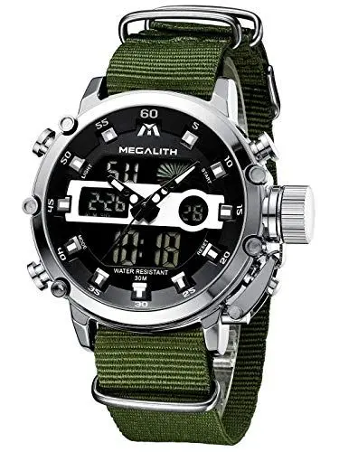 Produktbild: MEGALITH Herrenuhr Militär Digitaluhr Sportlich - Armbanduhr Herren Groß Wasserdicht LED Uhren fur Männer Grünes Nylon Stoppuhr Wecker Kalender