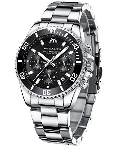 Produktbild: MEGALITH Herrenuhr Militär Edelstahl Silber Chronographen Herren Armbanduhr Großes Wasserdicht Schwarz Zifferblatt Leuchtende Uhren fur Männer Analog Datum