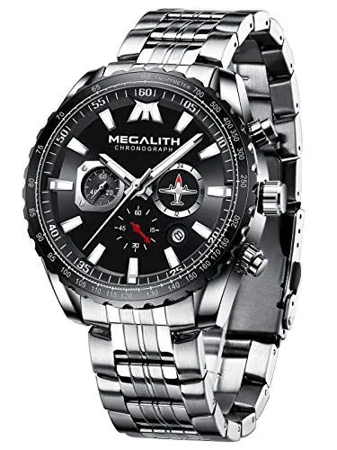Produktbild: MEGALITH Uhren Herren Edelstahl Chronograph: Silber Armbanduhr Herren Große mit Datum - Wasserdicht Quarz Uhr fur Männer Mode Casual