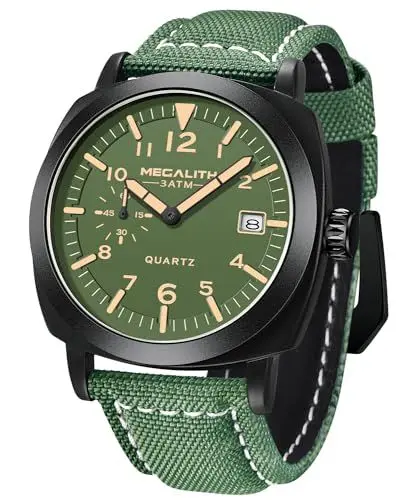 Produktbild: MEGALITH Herrenuhr Militär Sport Outdoor Wasserdicht mit Lederarmband - Großes Zifferblatt Leuchtender Kalender Datum Analoge Quarzuhr Männer Armbanduhr Design Grün